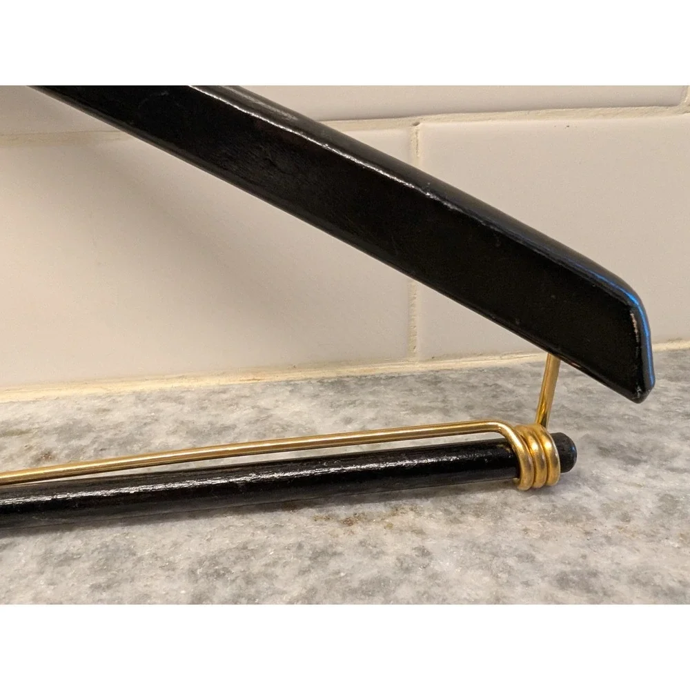 Vintage Neiman Marcus Wooden Suit Hanger Black Gold Hook Designer Closet